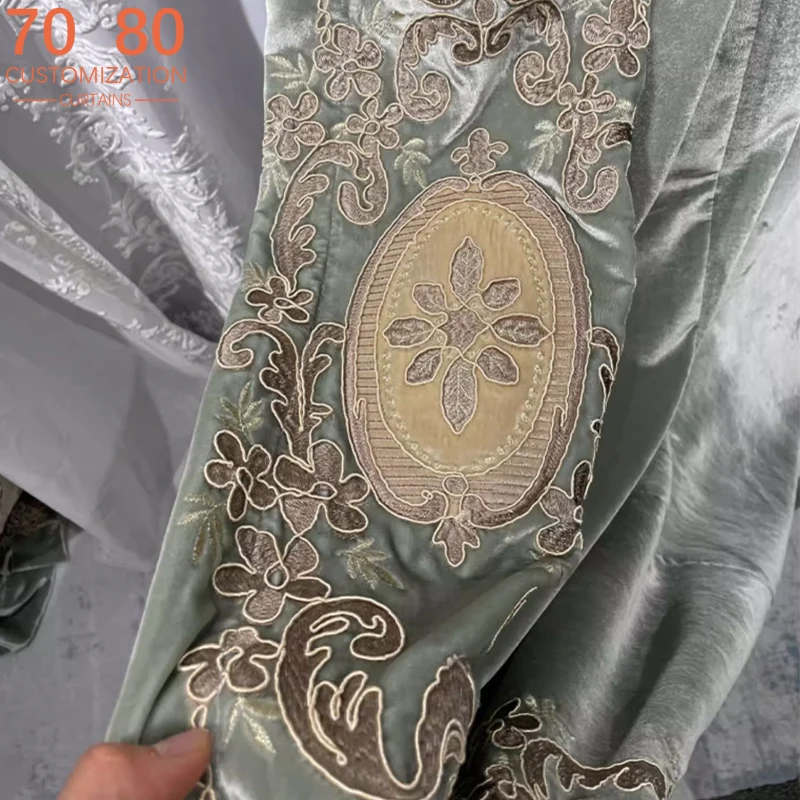 Court Romantic Style Grey Green Velvet Embroidered Curtains for Bedroom Living Room High Window French Window Villa Custom