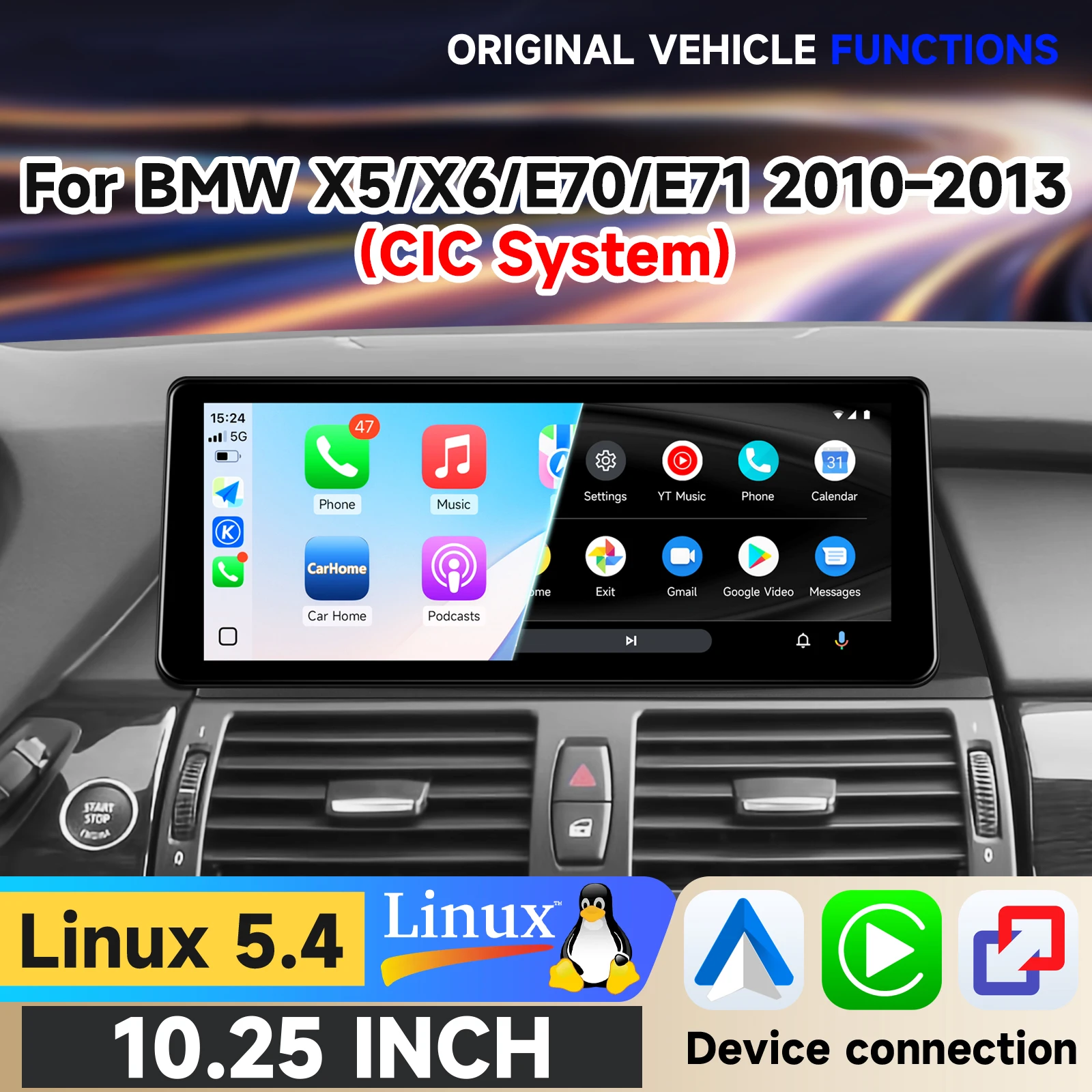 Hizpo 12,3'' Kabelloses CarPlay Android Auto Multimedia-Display für BMW X5 E70 X6 E71 2010-2013 CIC-System Touch-Display Airplay Autoradio-Player Stereo GPS-Navigation Audio Original Auto-CD-Player