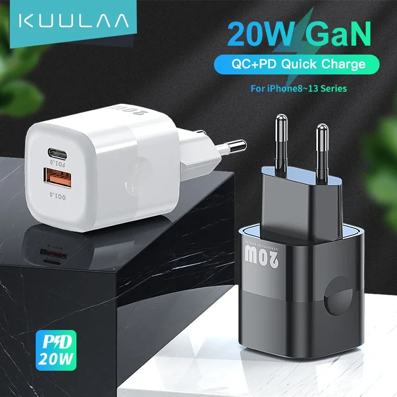 

KUULAA USB Type C 20W GaN Charger PD&QC Fast Charging Dual Ports Quick Charge For iPhone 15 14 13 Pro Max Huawei Mate 60 Xiaomi