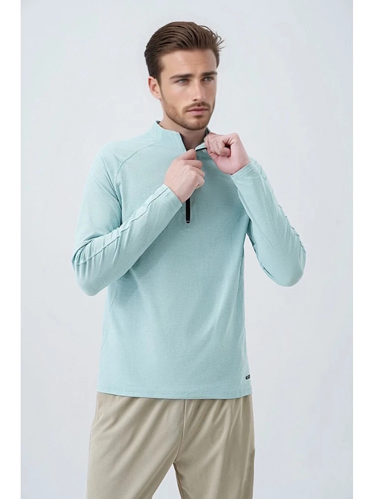 

Весенне-осенняя мужская спортивная одежда для спортзала и фитнеса, маленькая тренировочная футболка с высоким воротником и полумолнией с длинными рукавами, базовый слой для бега, топ