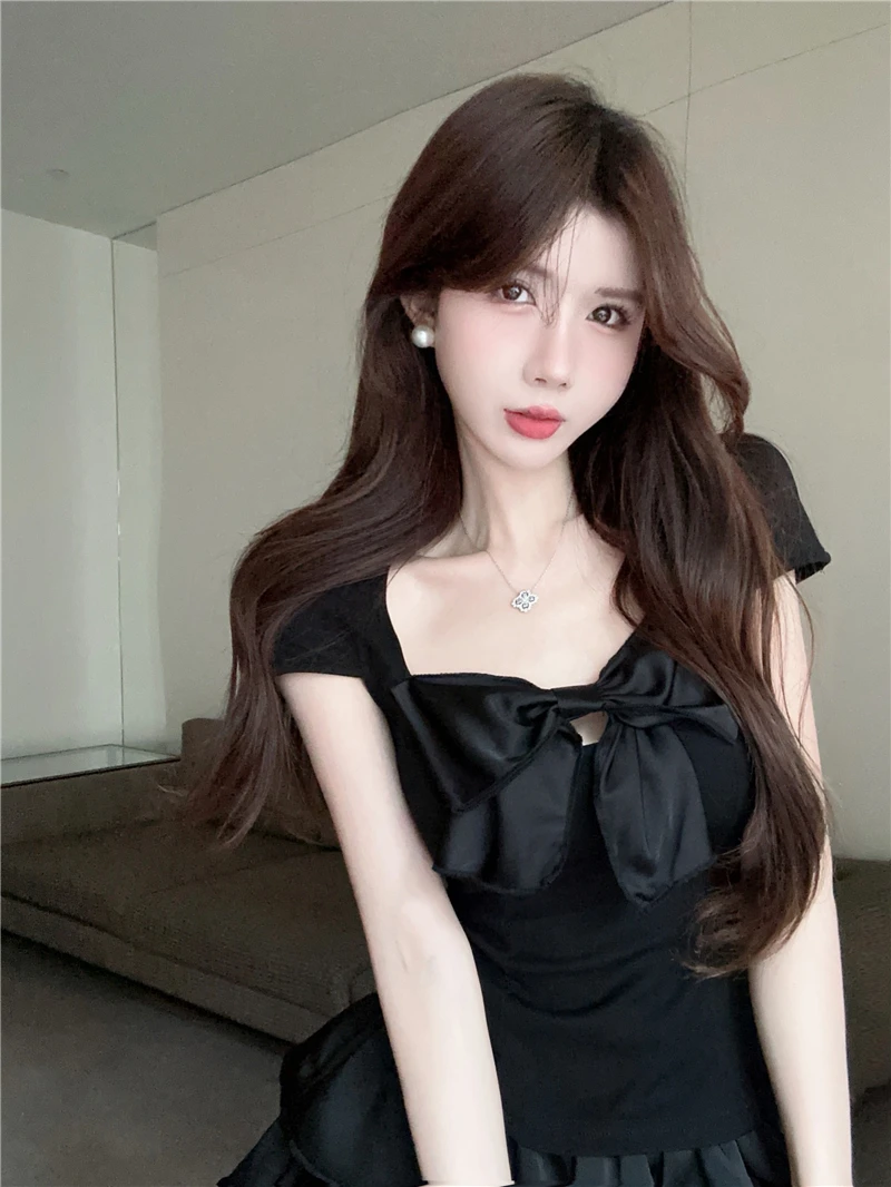 

Black Hollow out Knot Sexy Top Women's Summer Outfit Set with Puffy Skirt Korean Style Commute Slim Fit Short Sleev...