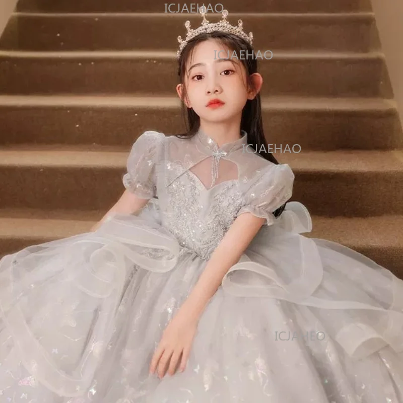 2026 Children Girls Gray Formal New Sweet DressPiano Host Performance Gown Costume Elegant Tutu Kids Ten Year Birthday Party