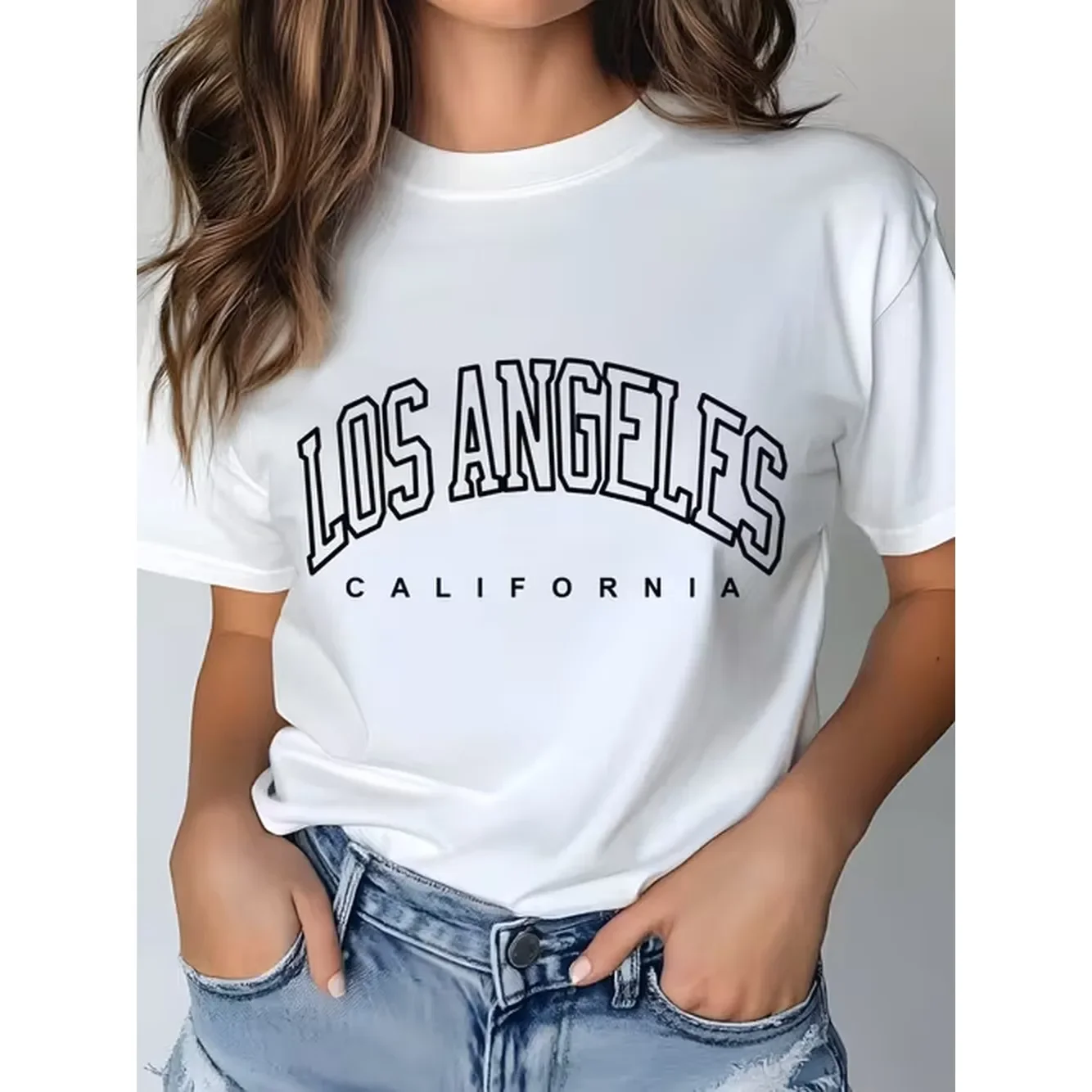 Camiseta con Estampado Gráfico de Los Ángeles para Mujer, Informal, de Manga Corta, 1 Pieza, 100% Algodón Pesado, Cuello Redondo Cómodo, Suave y Adorable