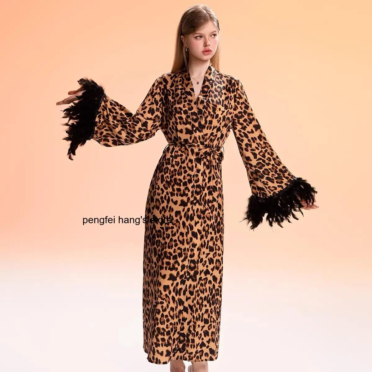 Elegant Women's Loungewear Robe, Sexy Leopard Print Satin Open Front Gown with Tie Waist & Feather Spliced Cuffs