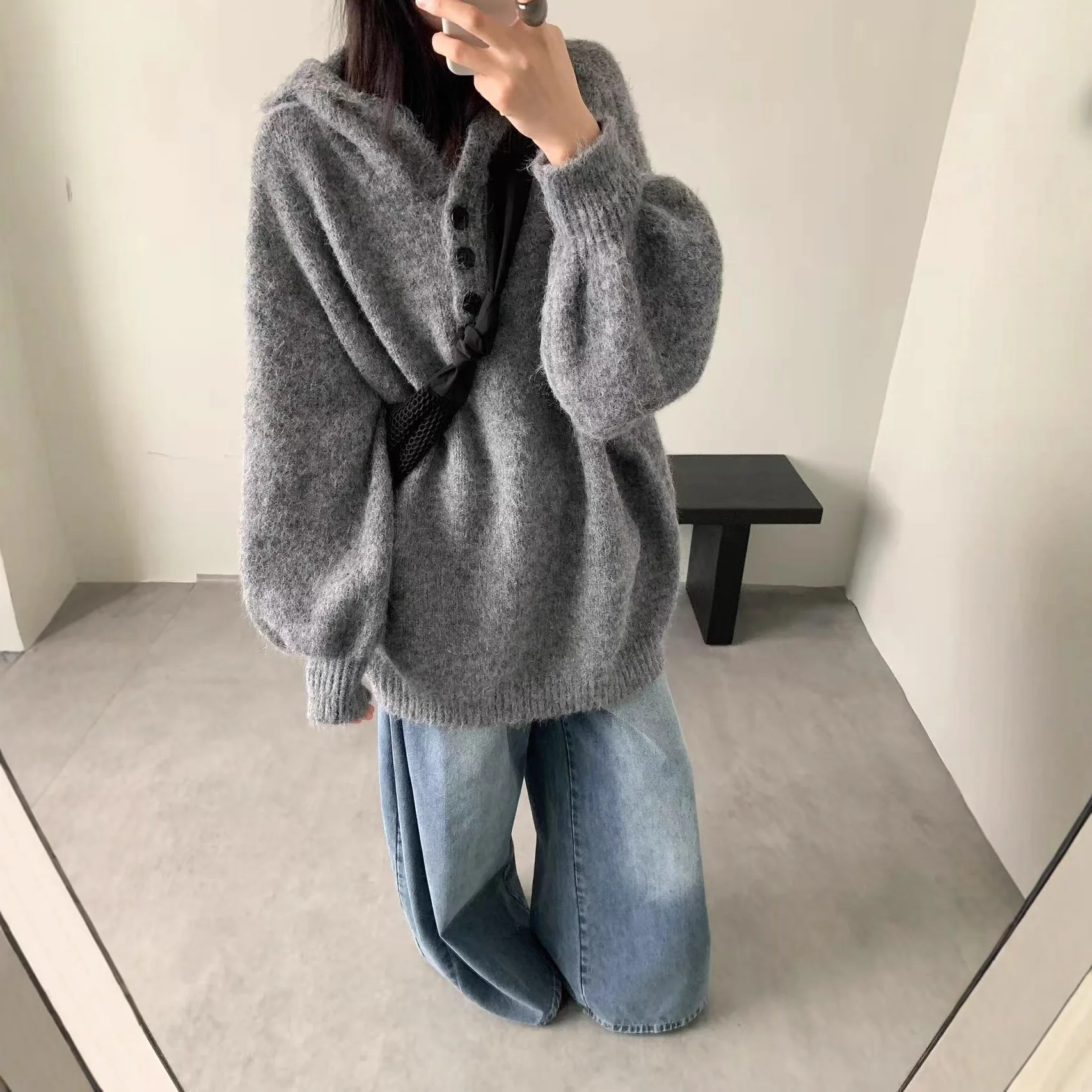 

2025 Fall/Winter New Soft Lazy Style Loose Hooded Sweater Women's Knitted Plus Size Simple Sweater Women