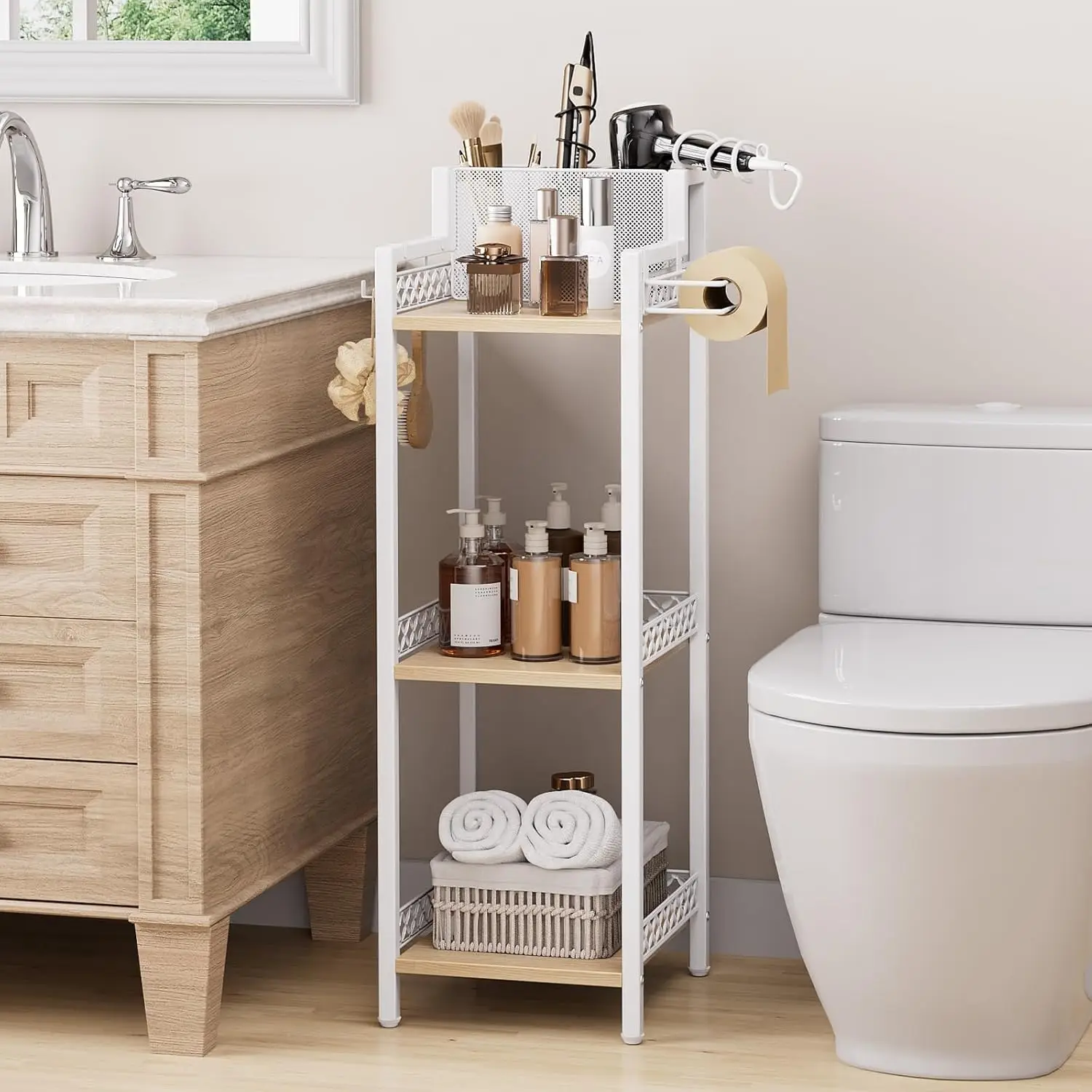 

Storage and Organizer Shelf Hair Dryer Holder, 9.85in 3Tier Narrow Metal Standing Rack with Toilet Paper Holder, Corner Stand