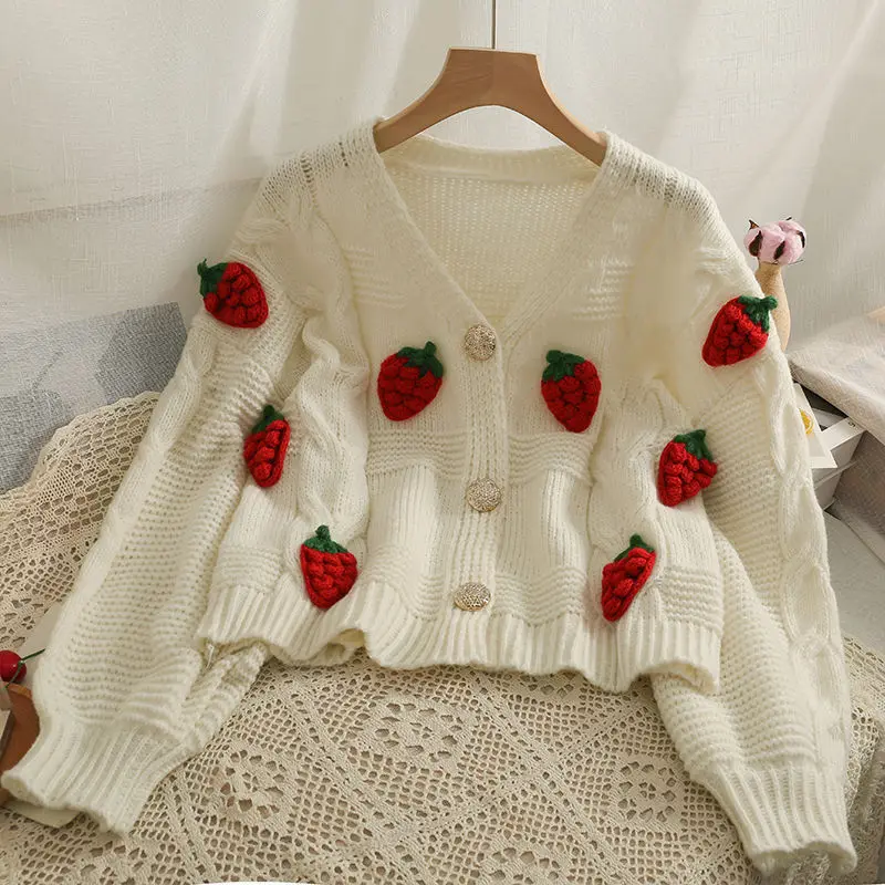 Women Cardigan 3D Strawberry Korean Sweet Autumn Winter Girl Sweater Loose Full Solid V-Neck All-match Small Fresh Girls Sweater