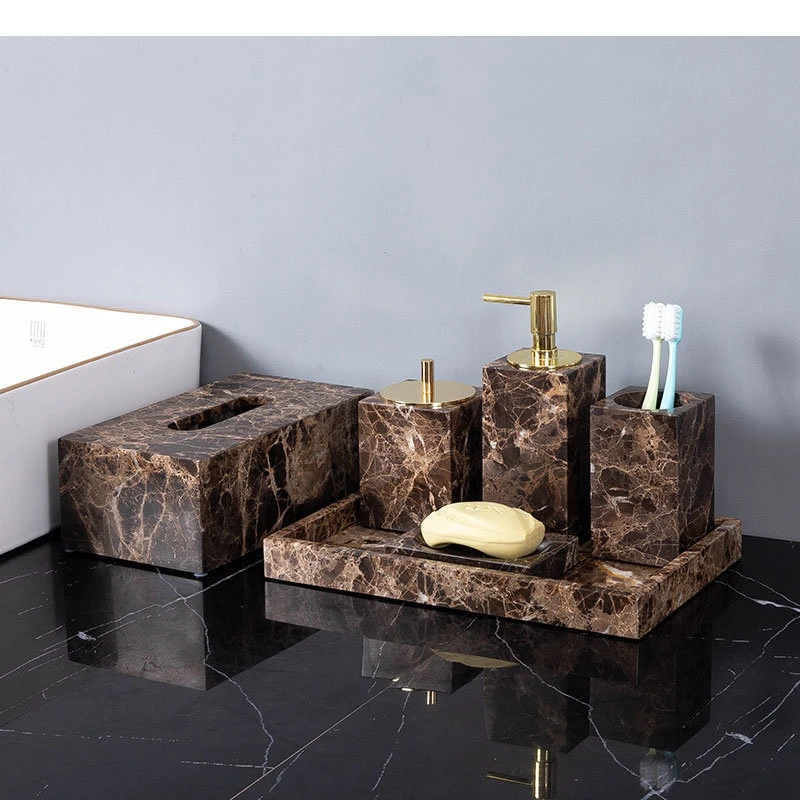 Natural Marble Bathroom Accessories Lotion Bottle Cotton Swab Jar Mouthwash Cup Soap Dish Tissue Box Tray Home Supplies