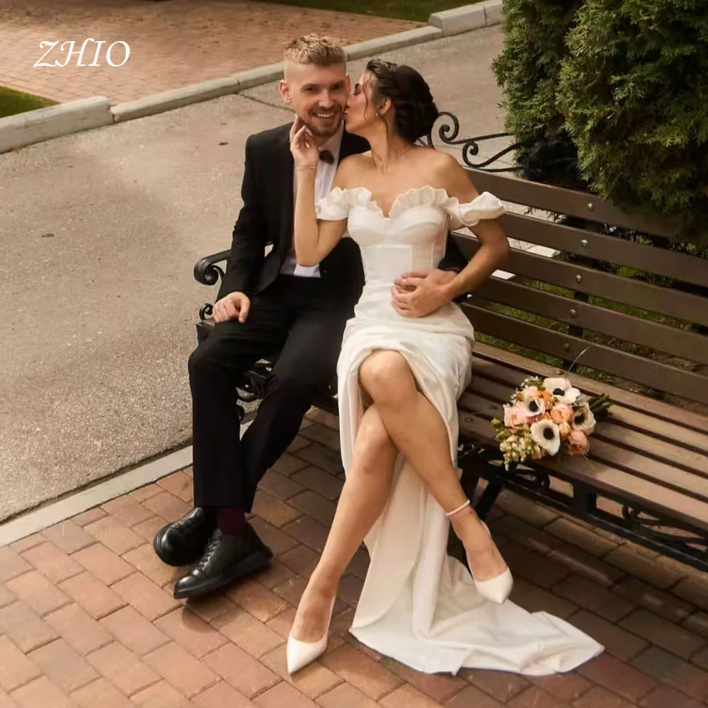 ZHIO فستان أنيق لحفلات الزفاف على شكل قلب بدون أكتاف مكشكش حورية البحر سويب تراين من الساتان فستان زفاف مخصص فيستدو دي نوفيا