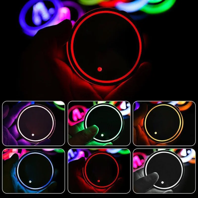 2PC LED Cup Holder Lights for Car Rechargeable 7 Color-Changing Light Up Cup Holder Insert Coasters Car Interior Decor Accessory