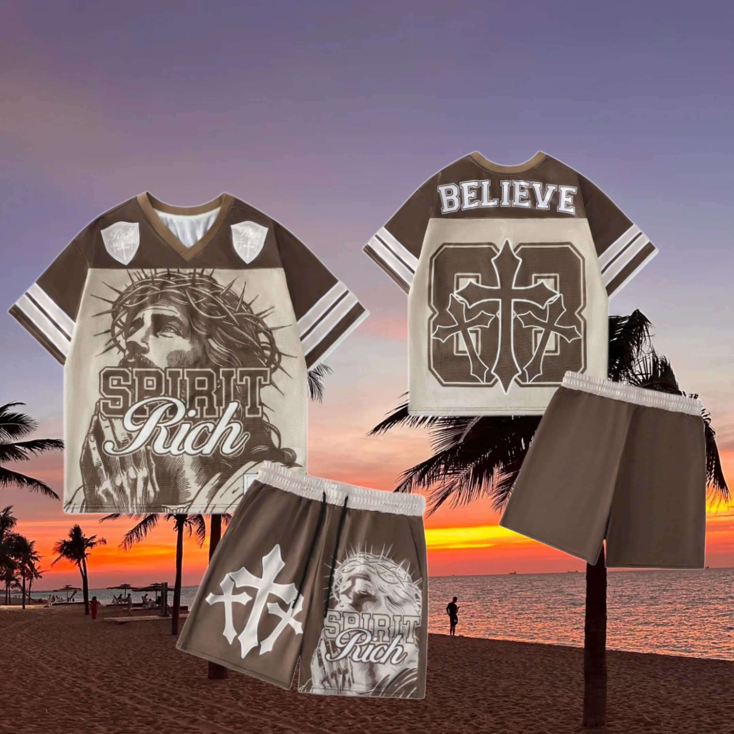 

25/26 New Summer Set Men's T-shirt Trendy American Street Printed Round Neck Men's Set Trendy Handsome Sports Two Piece Set