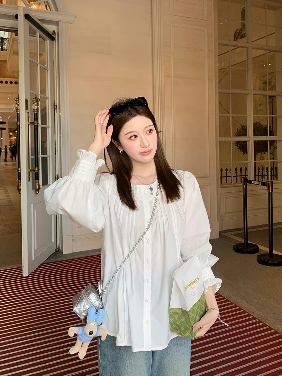 

Ele round Ne Striped irt Women's Faionable Bubble Sve Blouse Cotton Long Sve Commute Sle Loose Fit Pure Color