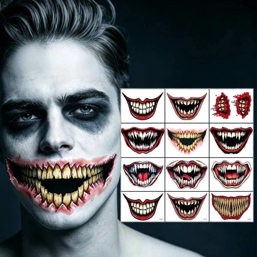 20pcs Halloween Temporary Tattoo Stickers Horror Big Mouth Lip Thriller Waterproof Fake Tattoos Party Ball Festival Body Art