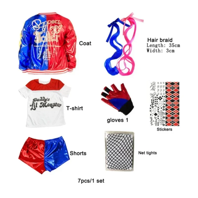 Carnival Kids Girls Suicide Harley Cosplay Costumes Squad Quinn Monster Joker Jacket Suit tattoo stickers Pants Set