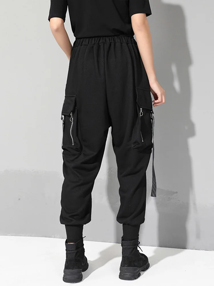 [EAM] High Elastic Waist Black Pockets Zipper Harem Pants New Loose Fit Trousers Women Fashion Tide Spring Autumn 2024 1DF4688