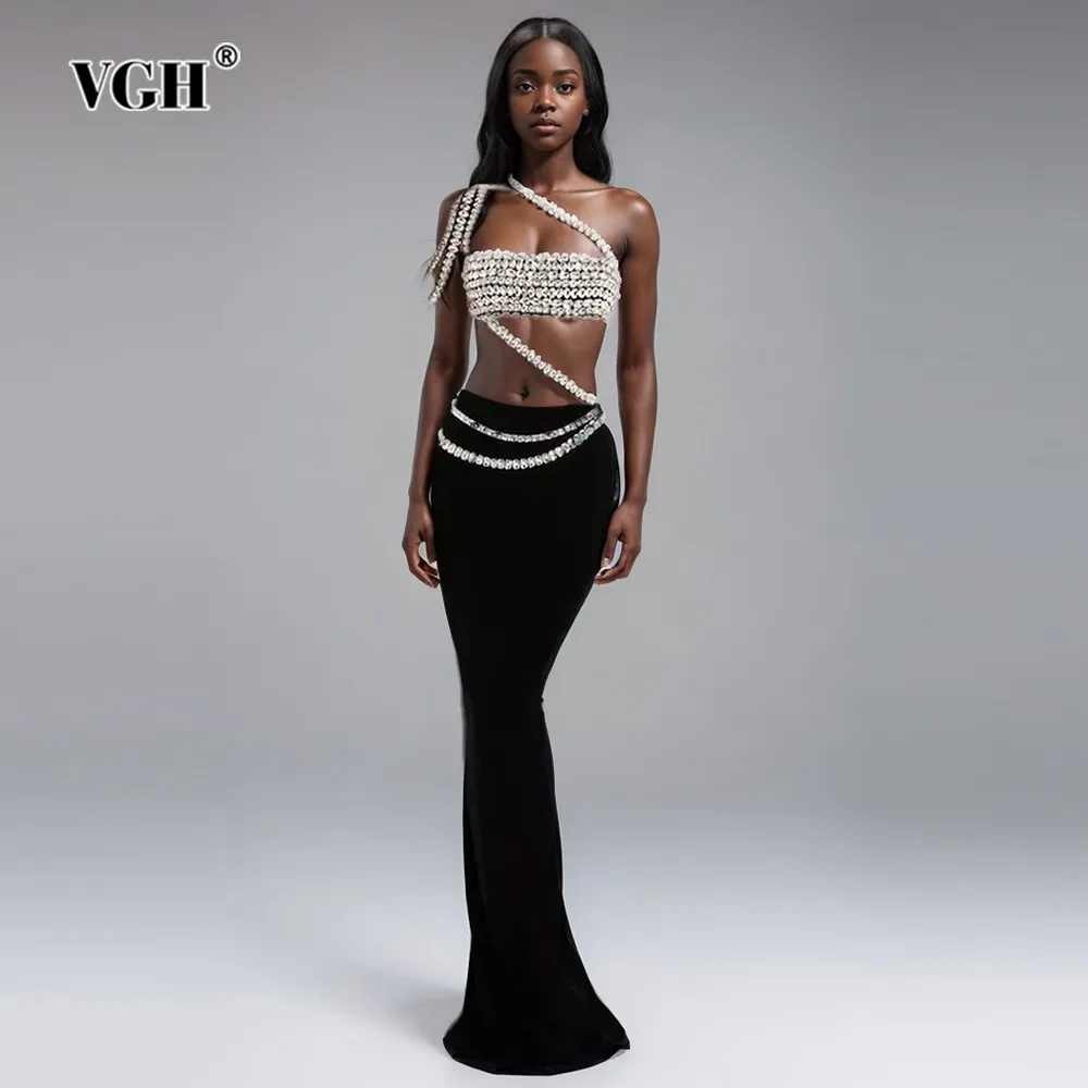 VGH Patchwork Diamonds Two Piece Set For Women Square Collar Sleeveless Top High Waist Bodycon Skirt Sexy Sets Female Fashion