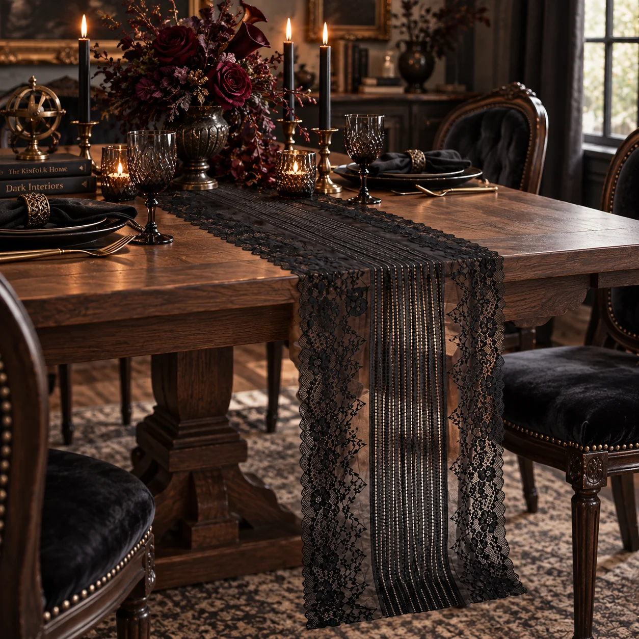 Vintage Lace Table Runner Gothic Halloween Ghost Party Wedding Dining Table Fireplace Mantel Home Decoration Black White