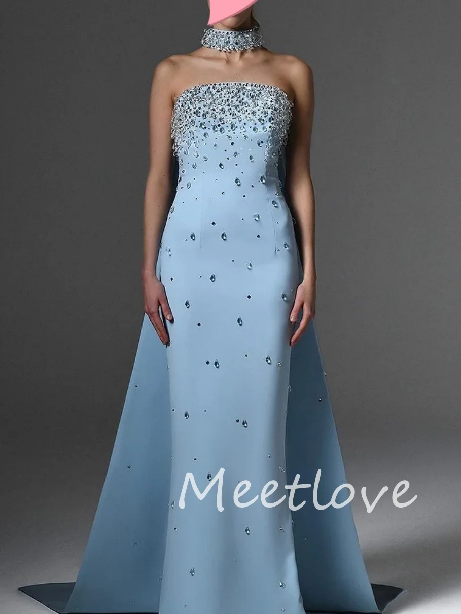 Meetlove 2024Sheath Strapless Sleeveless Beaded Crystal Floor Length Prom Party Dress Evening Dress