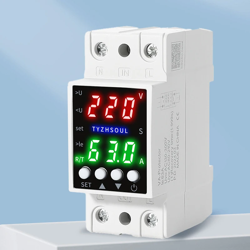 40A 63A Din Rail Dual Display Adjustable Over Voltage Current and Under Voltage Protective Device Protector Relay 2P Protector
