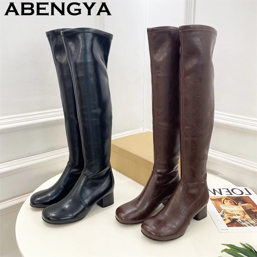 Leather Over The Knee Boots Women Round Toe Chunky Heels Long Boots Woman 2026 Autumn Winter Fashion Week Runway Boots Feminine