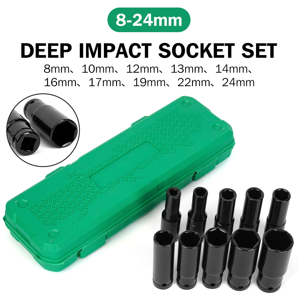 10 pcs 1/2 inch Drive Deep Impact Socket Set Heavy Metric Garage Tool For Wrench Adapter Hand Tool Set