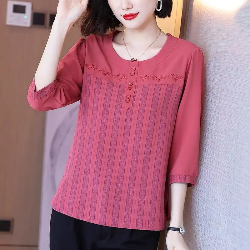 

Elegant O-Neck Spliced Embroidery Striped T-Shirt Women's Clothing 2023 Autumn New Oversized Casual Pullovers Korean Tee Shirt