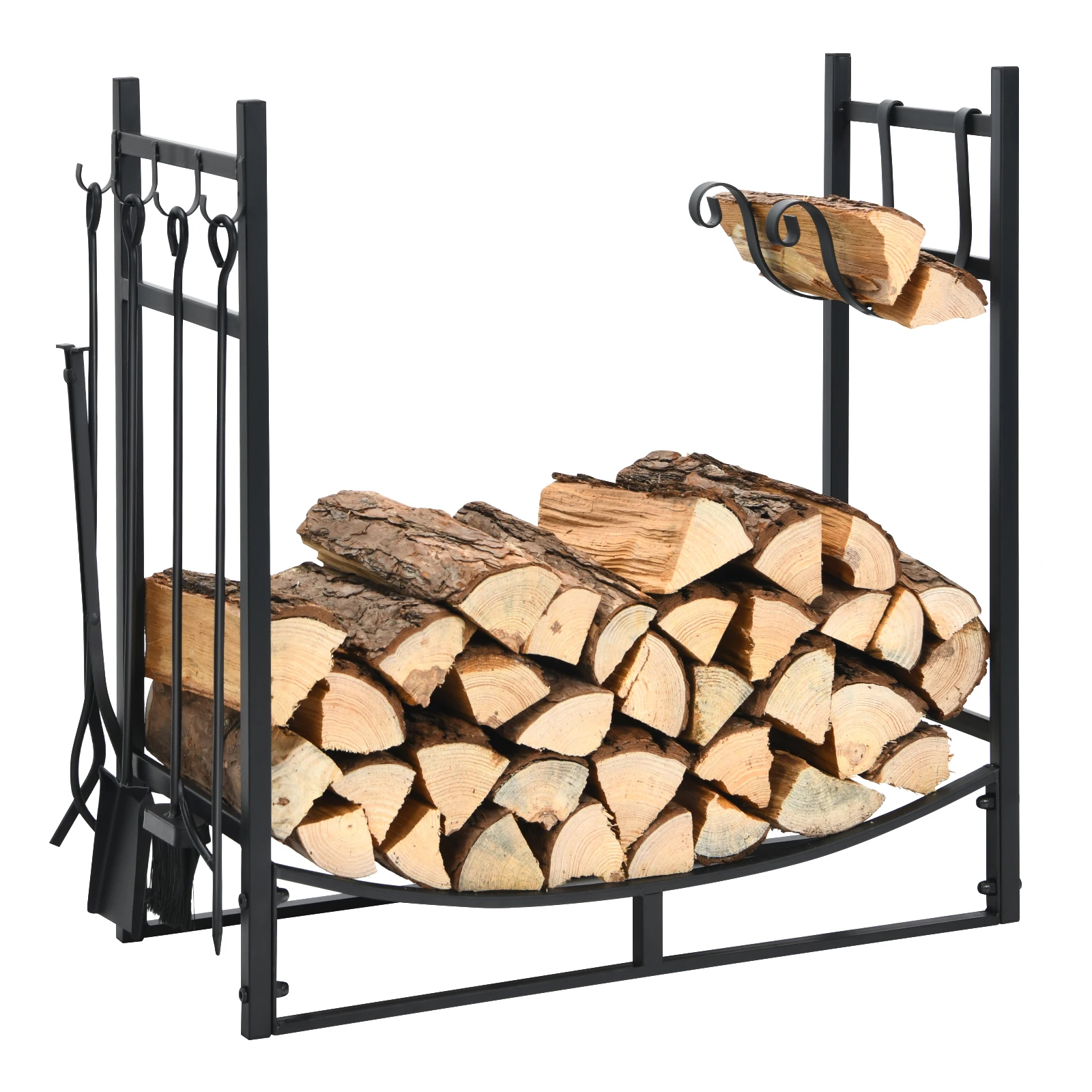 Fireplace Wood Shelf with 4 Fireplace cutlery & Firewood Bracks, Indoor & Outdoor Firewood Shelf Metal Firewood Shelf