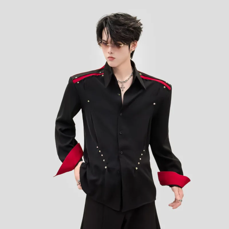 WVGA Spring Autumn New Men Niche Deconstructed Patchwork Color Blocked Draped Long Sleeve Shirt Stylish Rivet Design Tops W26416