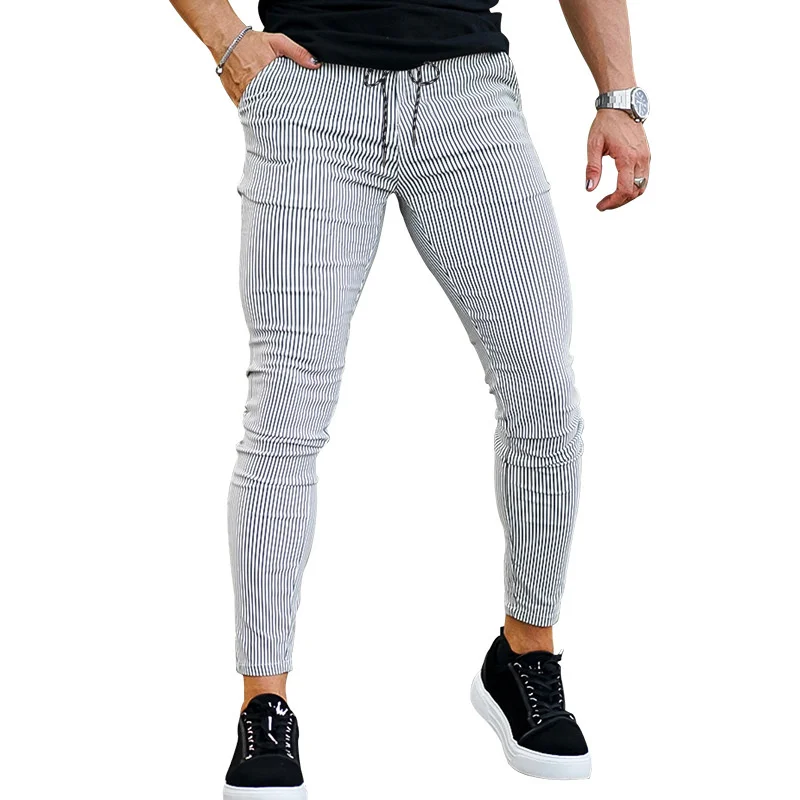 Pantalones pitillo ajustados de cintura alta para hombre, pantalones a rayas informales, ropa de calle de moda, nueva tendencia, cuatro estaciones