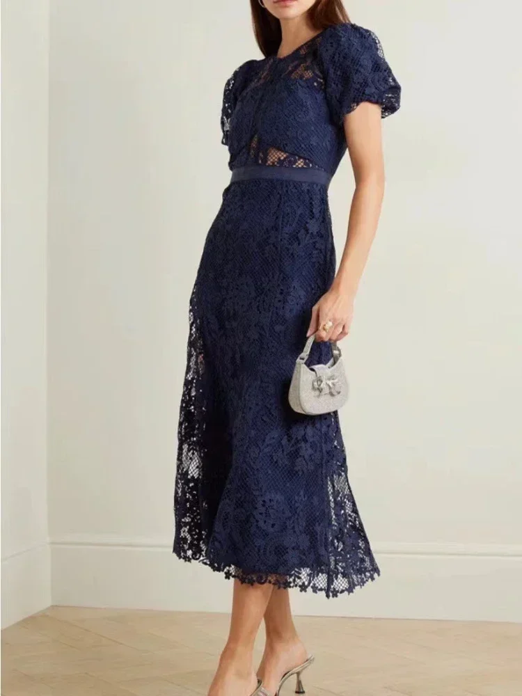 2024 New Arrival Summer Women Navy Blue Lace Patchwork Short Sleeve Elegant High Quality Office Lady Midi Dress