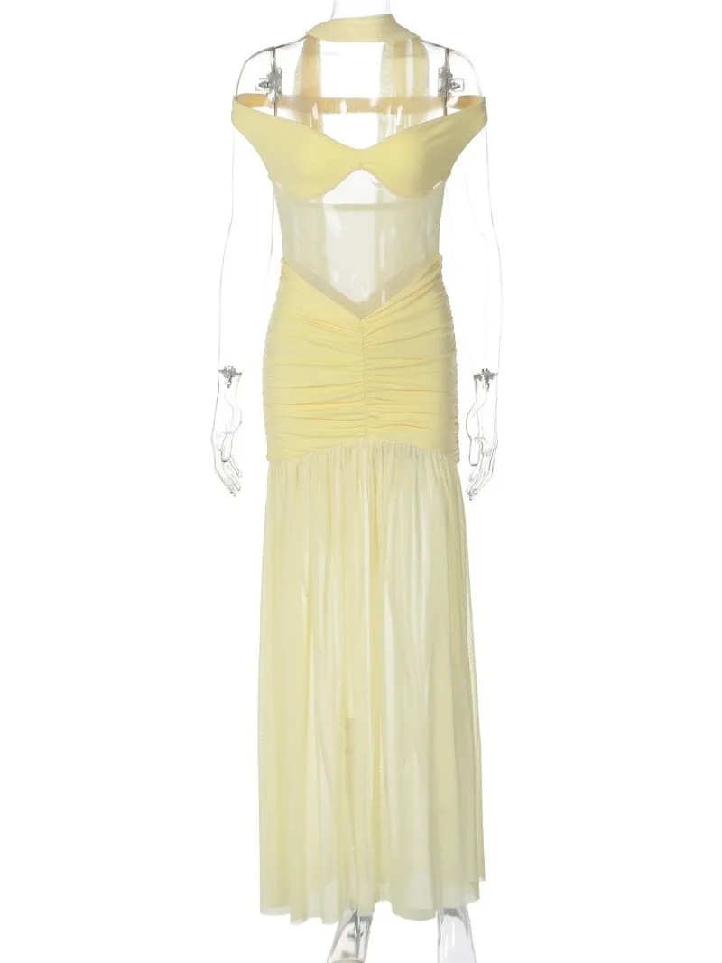 FDYOUI Elegant V-neck Off Shoulder See-through Mesh Long Dress for Women Sexy Sleeveless Backless Split Evening Party Dresses