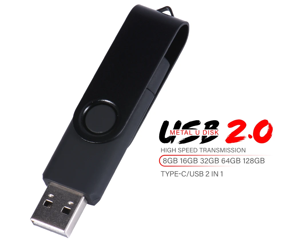 128GB TYPE-C 2 in 1 2.0 USB Flash Drive Rotatable Pen Drive Black Memory Stick 64GB 32GB Red Metal U Disk Business Gift