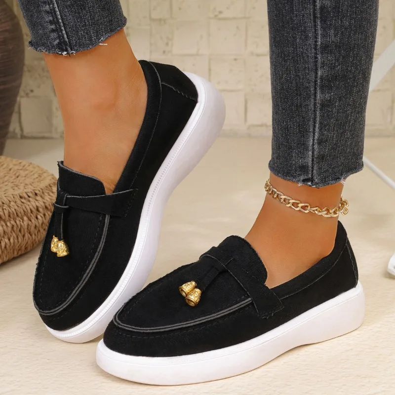 

2025 г., повседневные женские лоферы на плоской подошве, весна-осень, новый стиль, туфли на резиновой подошве с круглым носком и низкой подошвой Женская Обувь