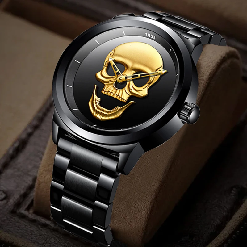 LIGE Creative 3D Skull Dial Man Watch Fashion Trend Luxury Casual Clocks Waterproof Stainless Steel Band Quartz Watches Male+Box
