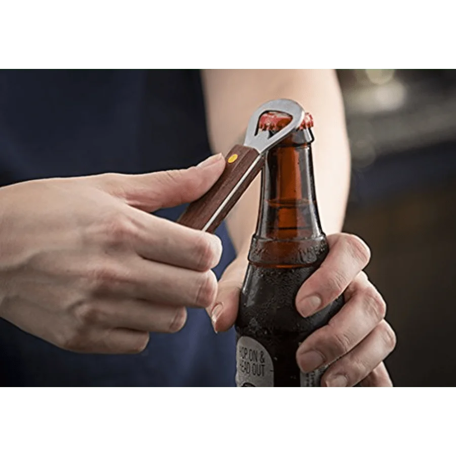 Tablecraft Magnetic Stainless Steel Bottle And Can Opener With Wood Handle, Clamshell