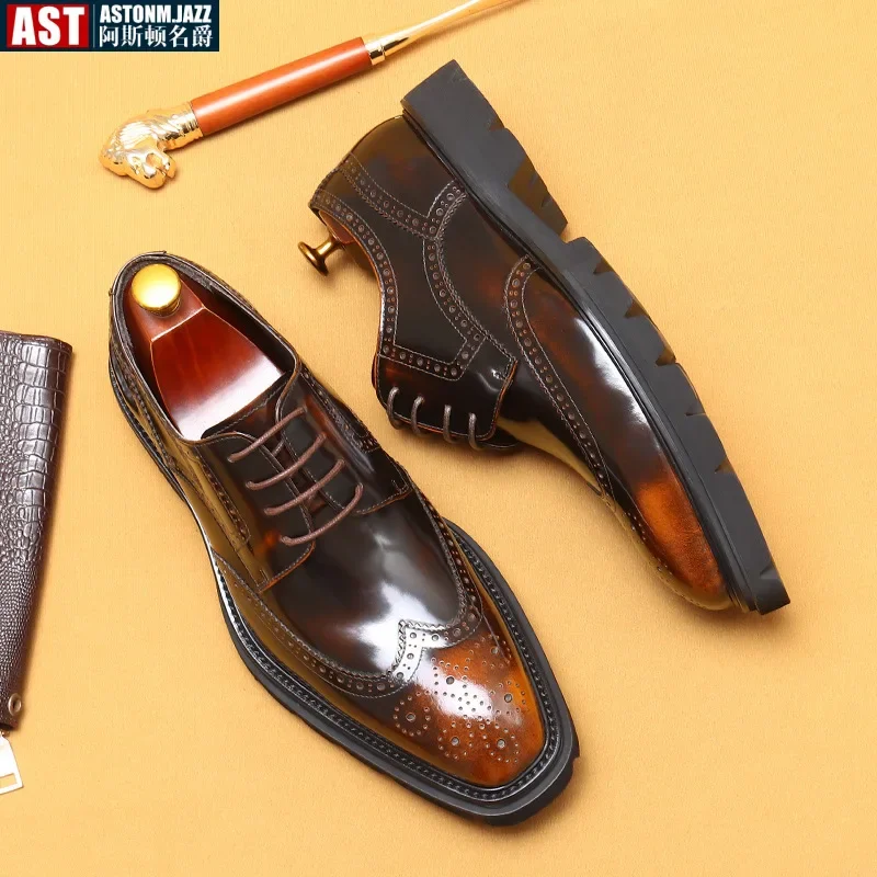 Brogue Men Wedding Dress Shoes Fashion Genuine Leather Round Head Lace Up Business Shoe Formal Black Brown Color Party Shoes