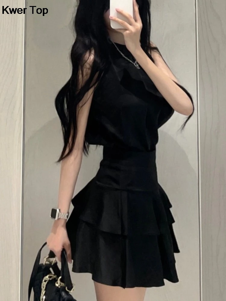 Black Y2k Skirt 2 Piece Sets 2024 Summer Women Korean Fashion Crop Blouse Ruffles Pleated Mini Skirts Outfits Female Clothing