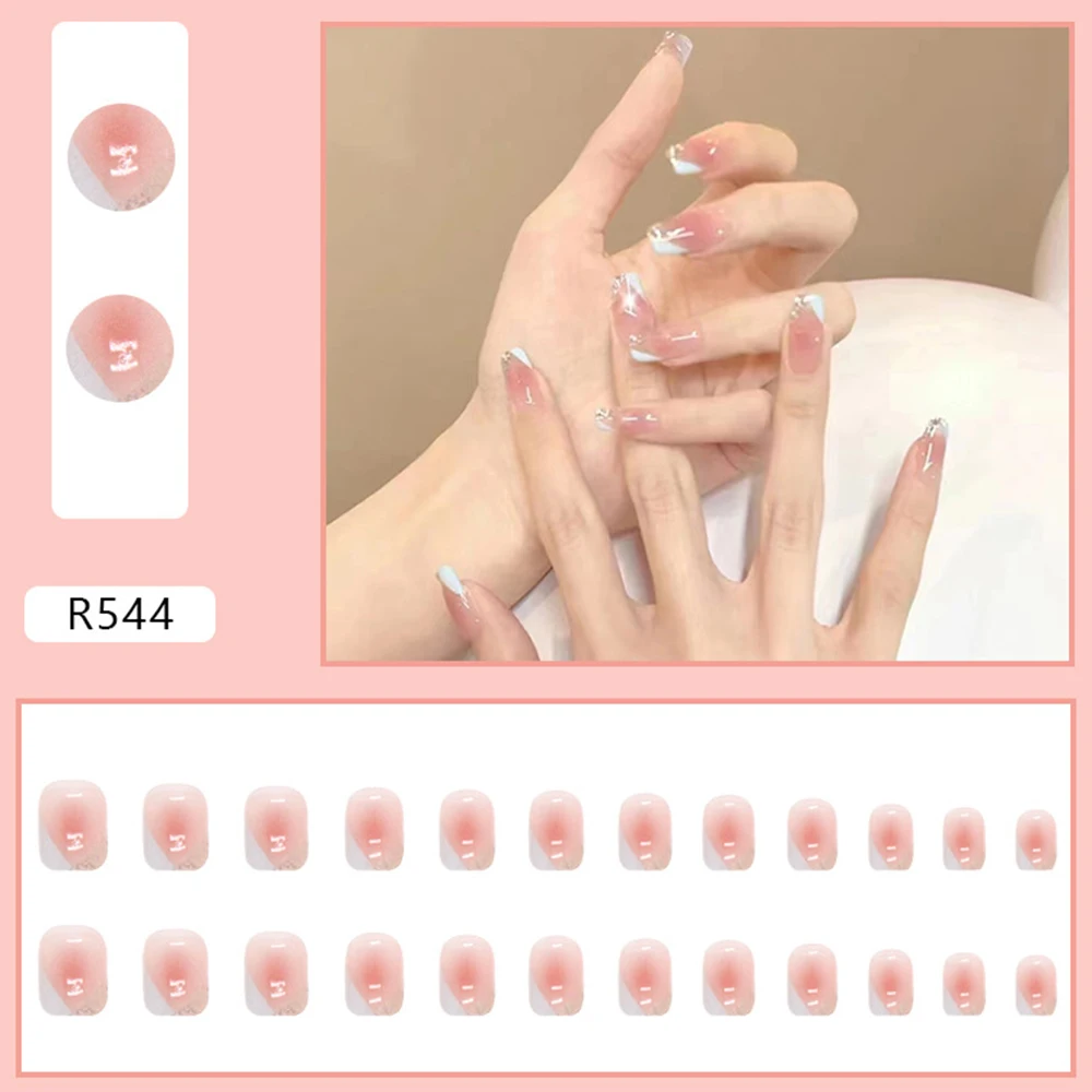 24Pcs French Blush False Nails Simple White Edge Fake Nails for Women and Girls Salon Finger Toes DIY Manicure SAL99