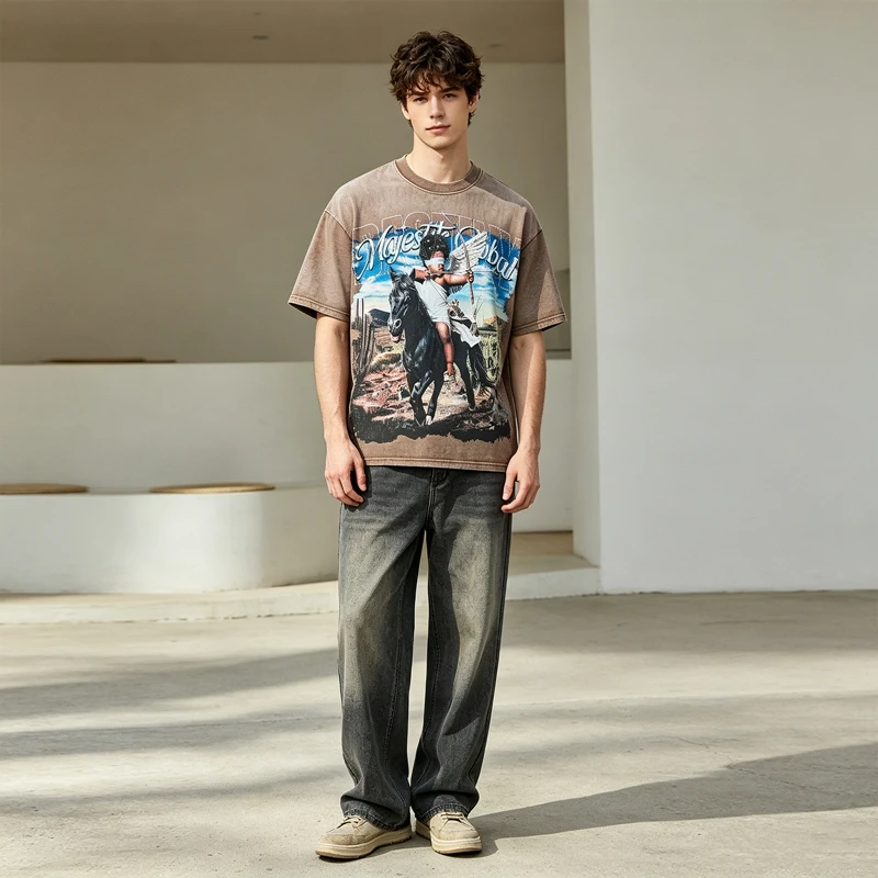 Desert Cupid Horse Grafik-T-Shirt für Herren, Vintage Washed Strass-T-Shirt, lässige Oversize-Baumwoll-Distressed-Tops, Streetwear – Detail 7