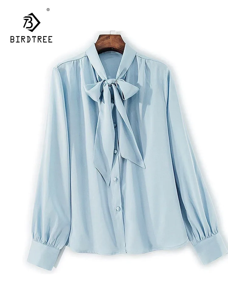 

Элегантная рубашка из шелкового двойного крепа BirdTree, однотонная однотонная свободная блузка с длинными рукавами и бантом, женская темпераментная шикарная свободная блузка, осенняя новинка 2023 года T5N298CC