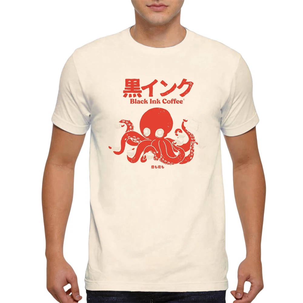 Mens 100% Cotton T Shirt Japanese Octopus Holding Coffee Cups Retro Print Breathable Short Sleeve Casual Daily Tee
