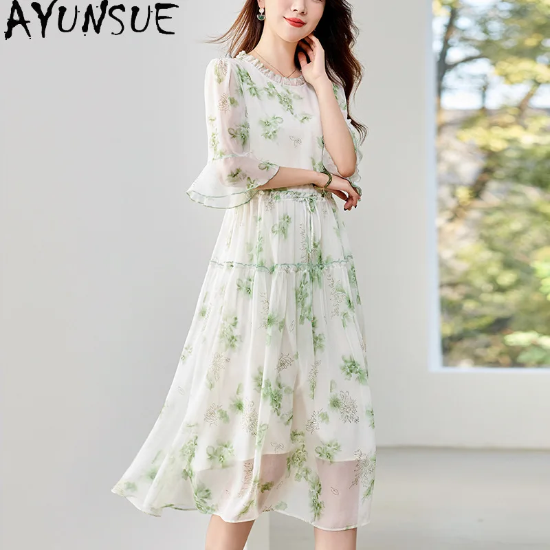 AYUNSUE 100% Real Mulberry Silk Beach Dress Woman Clothes Floral Elegant Womens Dresses Fashion Summer Dress Vestidos Femenino