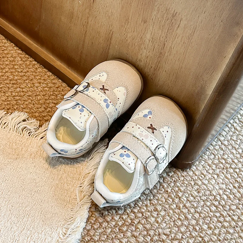 Toddler Floral Print Sneakers Double Magic‑Tape Faux‑Buckle Soft Rubber Sole Baby Walking Shoes