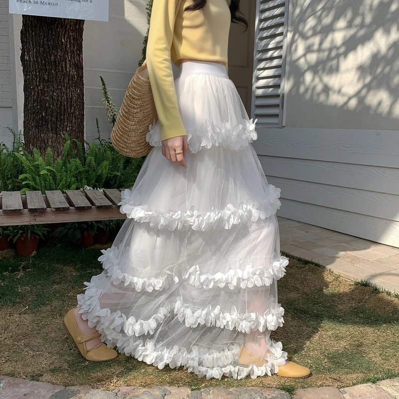 

Женская длинная юбка А-силуэта с цветочным сетчатым узором, утягивающая, белая, средней длины, весна 2026, новый стиль, модная, для миниатюрных женщин