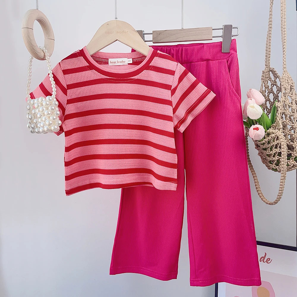 

Summer Fashion Sweet Outfit 3-7 Years Girls Striped T-shirt Top + Solid Color Loose Pants 2 Pcs Set Kids Casual Cute Clothes