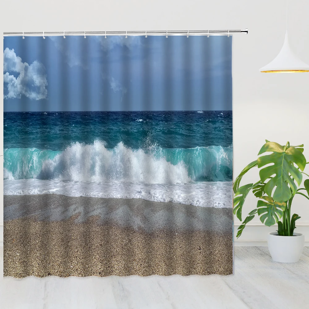

Sea Wave Beach Shower Curtains Summertime Tropical Blue Sky Seaside Scenery Home Decor Bath Bathtub Waterproof Cloth Curtain Set