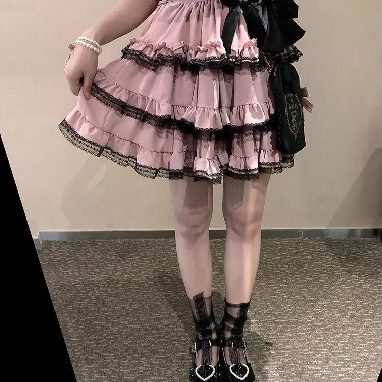 봄 여름 신상 하이웨이스트 미니 케이크 여성 스커트 일본 로리타 레이스 러플 엣지 멀티레이어 Y2K 스커트 페어리코어 카와이 스커트