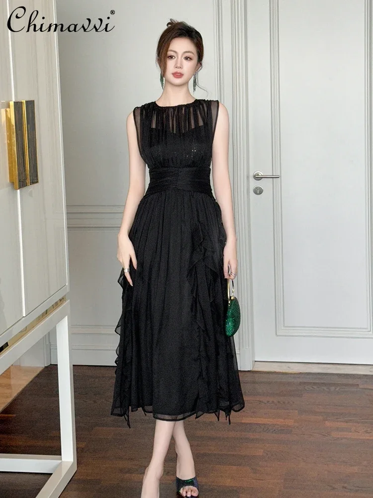 French Retro Hepburn Style Round Collar Sleeveless High Waist Slim Fit Irregular Ruffles Black Chiffon Long Dress Women Summer