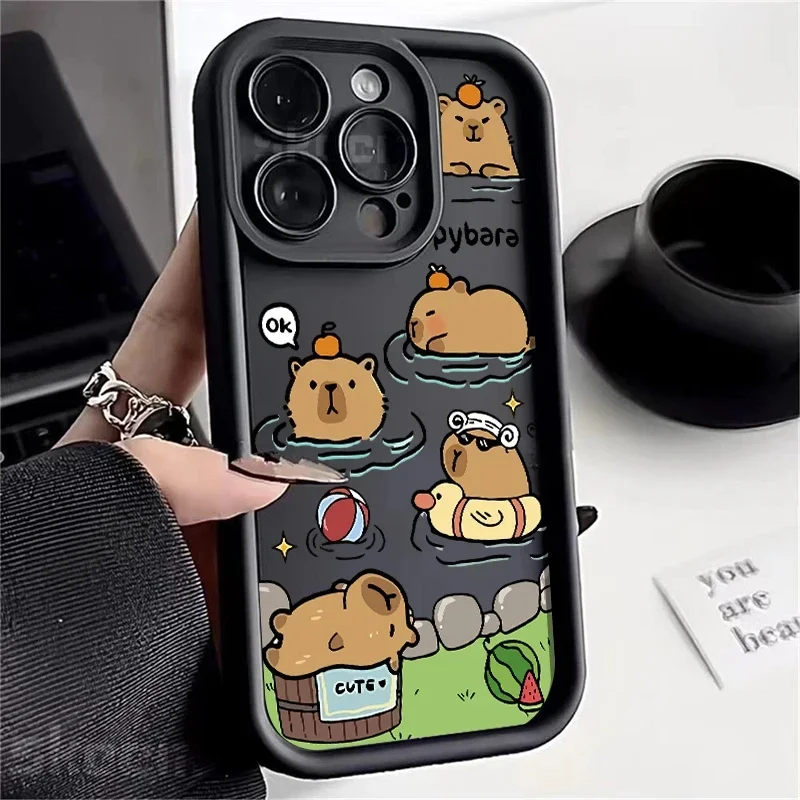 Case For iPhone 16 15 14 13 12 11 Pro Max XS X XR 7 8 Plus Cute Cartoon Capybara Shockproof Soft Silicone Phone Cover