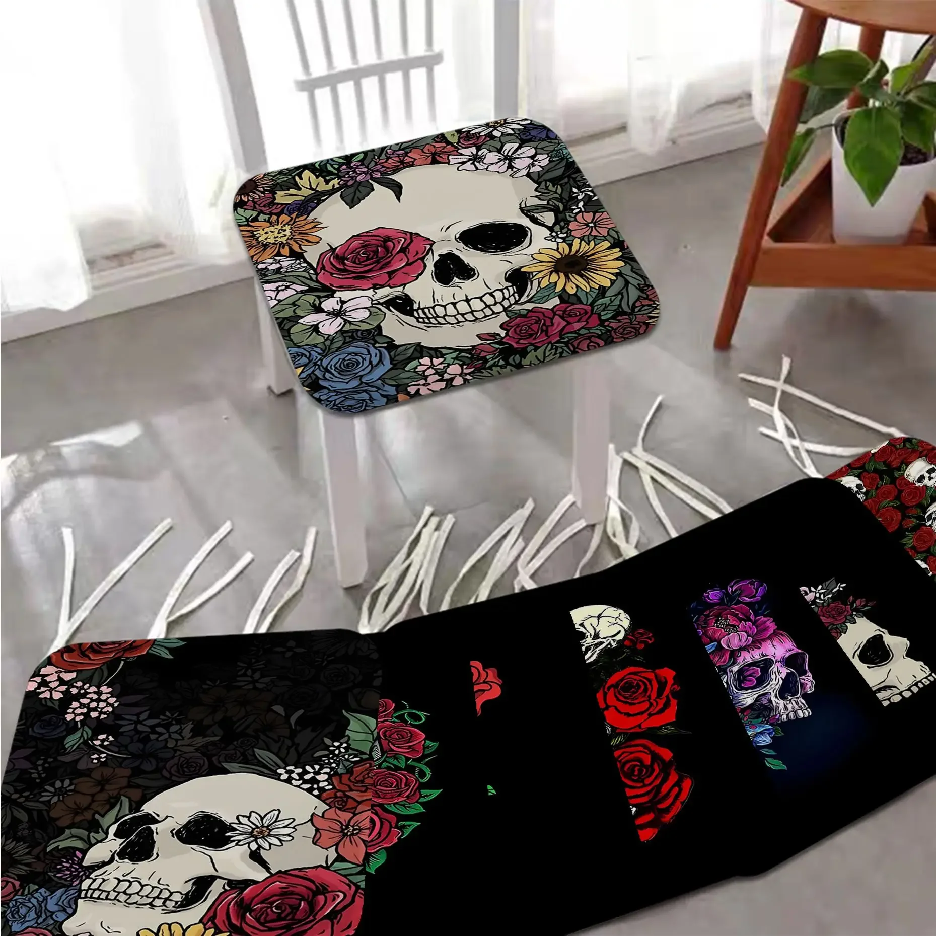 

Skeleton Skull Flowers European Stool Pad Patio Home Kitchen Office Chair Seat Cushion Pads Sofa Seat 40x40cm Sofa Cushion